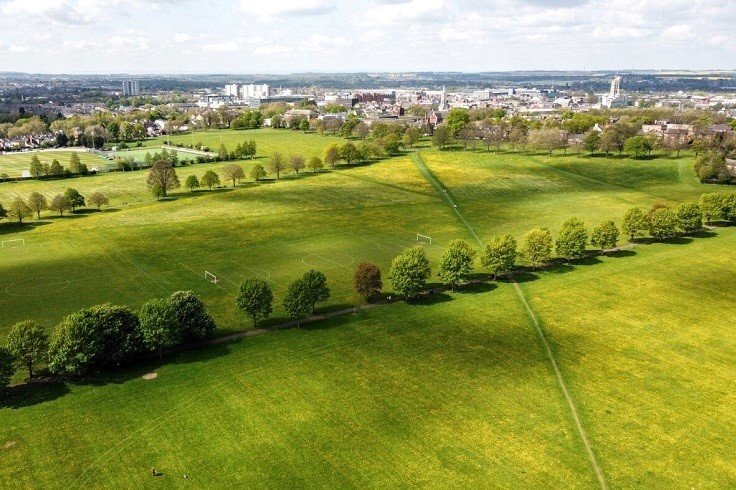 Aerial view across Town Field towards Doncaster city centre